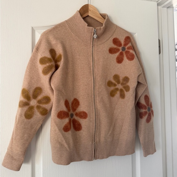 Sioni Sweaters - Sioni Tan Sweater with Floral Accents medium